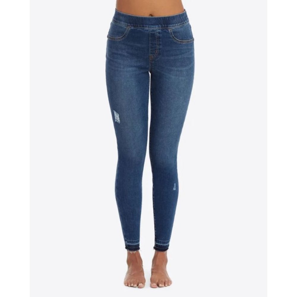 spanx jeans women's XS pull on Jeggings distressed skinny blue cotton blend‎ raw